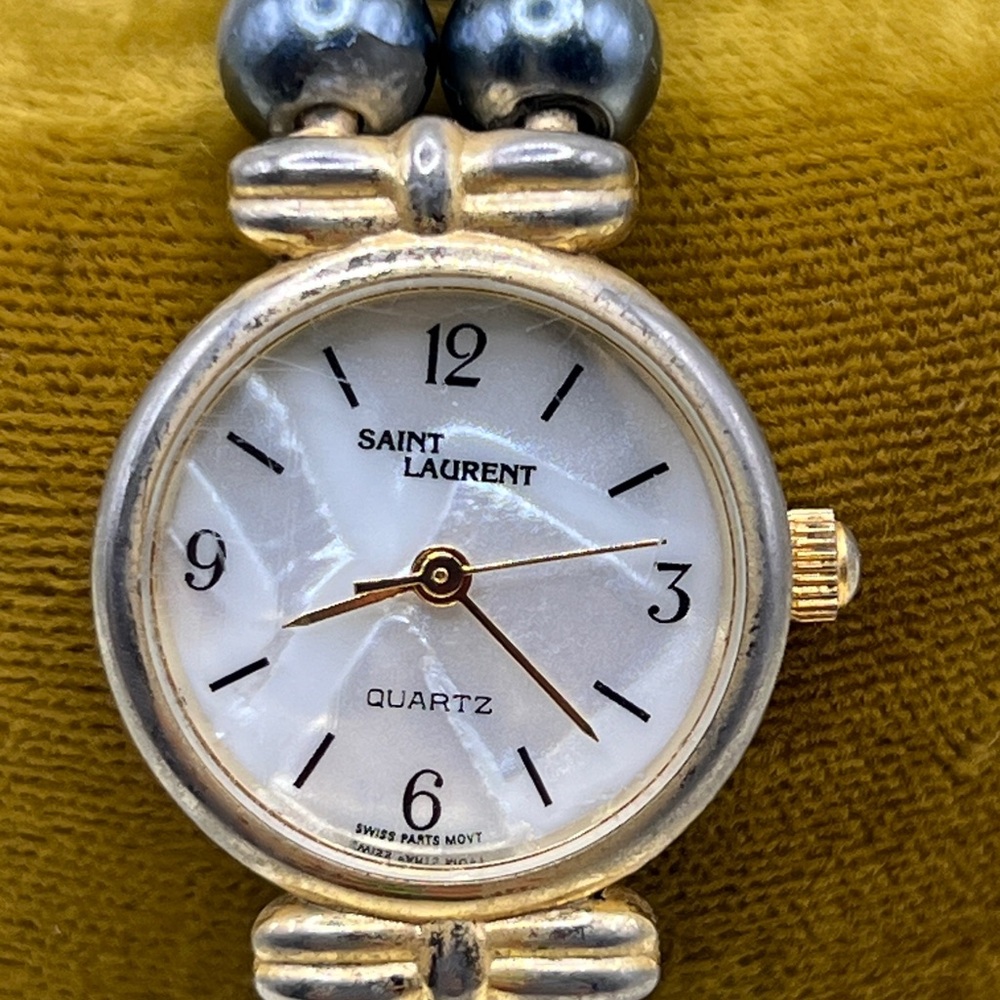 Vtg Saint Laurent Quartz Watch Swiss Movt Gold Tone Faux Pearl Bracelet MOP Dial - Picture 3 of 17